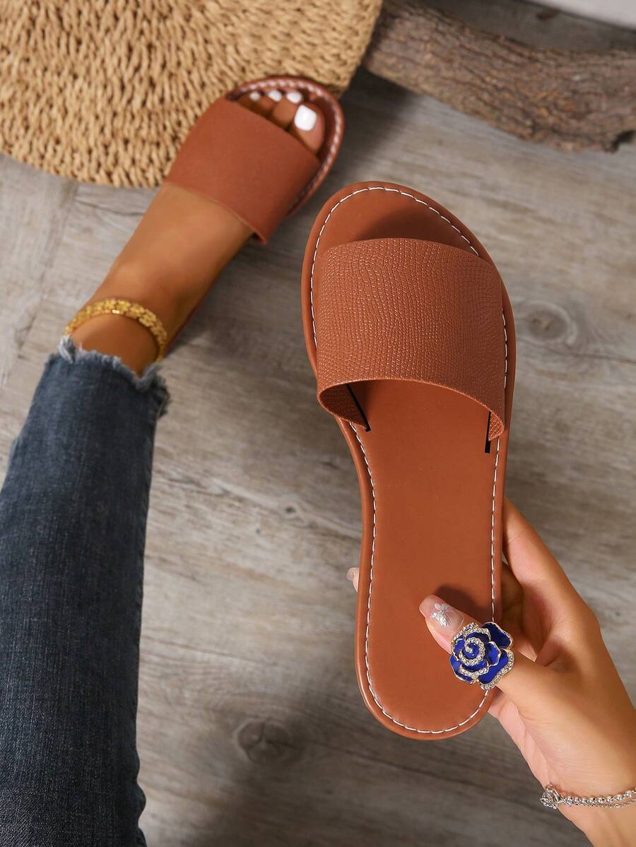 Giày đế bằng thường ngày phong cách Hàn Quốc dành cho nữ, dép hở mũi cho mùa hè, xuân và thu, dép đế bằng La Mã mới cho nữ, giày đế bằng thời trang mặc với váy, bãi biển, căn hộ - màu nâu - Xem 1