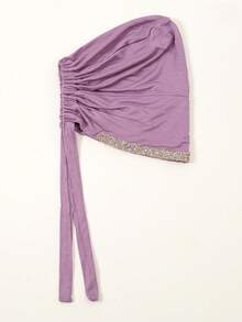 1 件女士时尚纯色水钻装饰穆斯林系带头巾，百搭头带帽，适合日常佩戴 - 淺紫色 - 查看 4