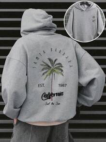 男士休闲街头风椰树印花口袋抽绳连帽卫衣，返校季，秋冬季，长袖上衣