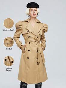 ZIAI Áo khoác dài tay phồng chống gió thời trang có đai lưng hai hàng khuy cho nữ - Lạc đà - Xem 1