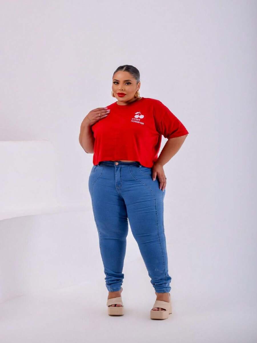 Women's Skinny Plus Size High Waist Jeans With Lycra - 藍色 - 查看 1