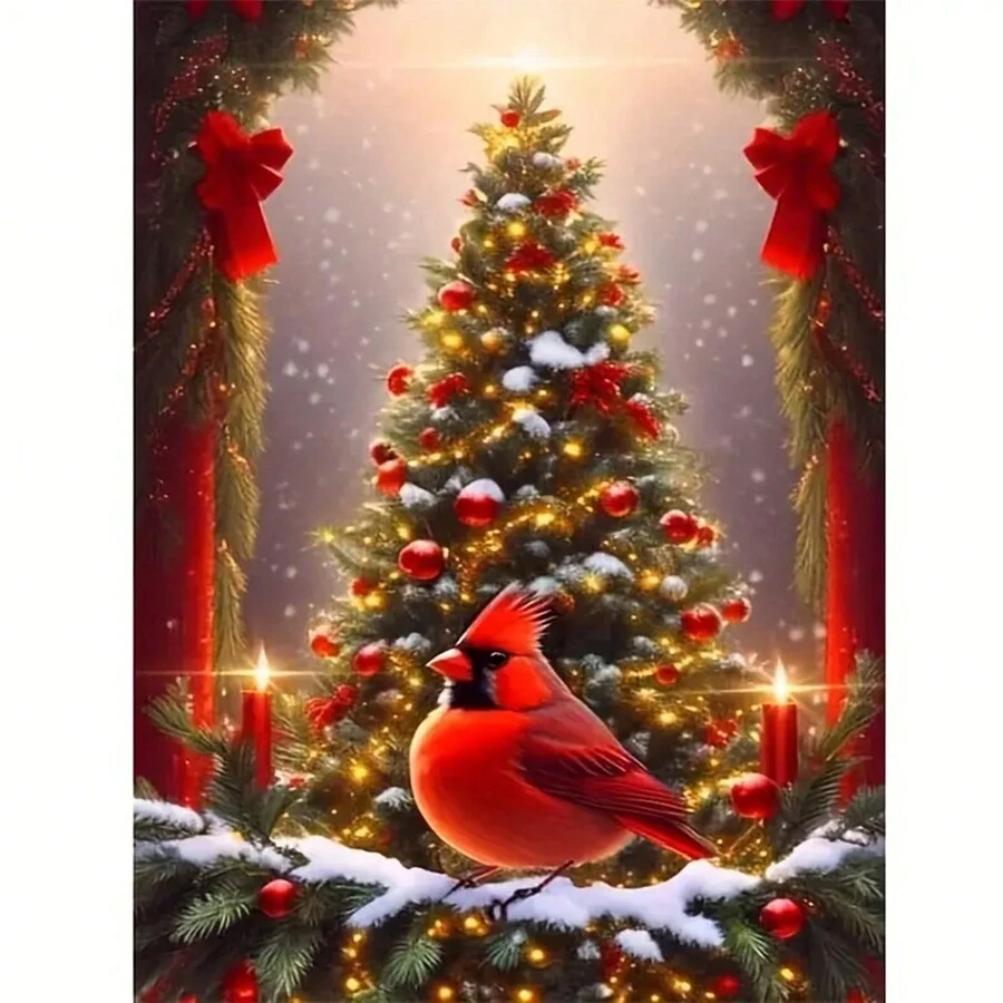 1 bộ tranh đính đá 5D hình lò sưởi Giáng sinh cỡ lớn, cây thông Noel và chim Robin - Bộ tranh khảm đá Acrylic tròn nguyên khối, thích hợp trang trí tường nhà và văn phòng, đồ dùng cho tiệc ngày lễ, không khung