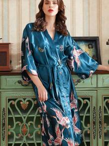 1 件女款孔雀蓝鹤纹长袍 - 水鴨藍 - 查看 1