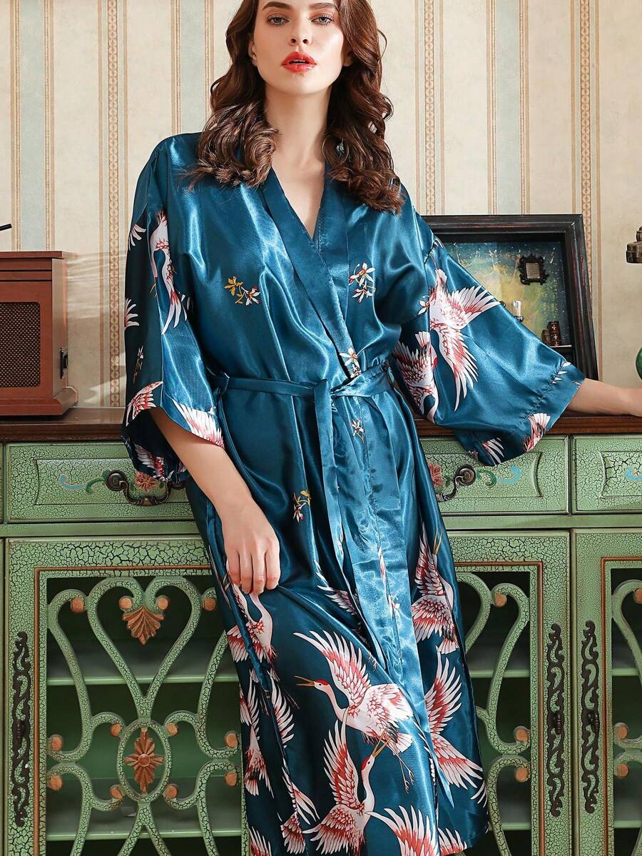 1 件女款孔雀蓝鹤纹长袍 - 水鴨藍 - 查看 1