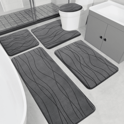 2/3/5pcs Wavy Design Bathroom Mat Set, Memory Foam Bathroom Rug Carpet Set, Super Absorbent Bath Mat, Suitable For Bathroom, Bathtub, Toilet, Shower, Anti-Slip, Washable, Quick Drying Home Bathroom Decor Outdoor Rug Door Mat Fall Decor Bathroom Accessories Back To School Entryway Decor