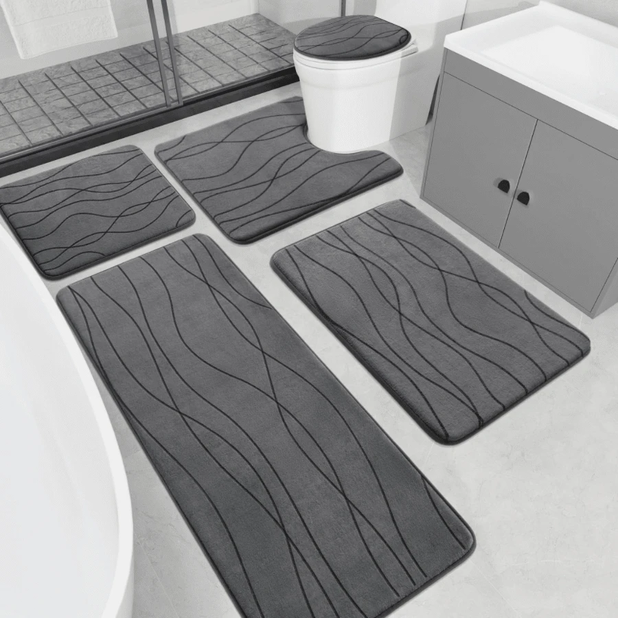 2/3/5 件波浪形设计浴室垫套装，记忆泡沫浴室地毯套装，超强吸水浴室垫，适用于浴室、浴缸、卫生间、淋浴间，防滑、可水洗、快干家居浴室装饰户外地毯门垫秋季装饰浴室配件返校入口装饰