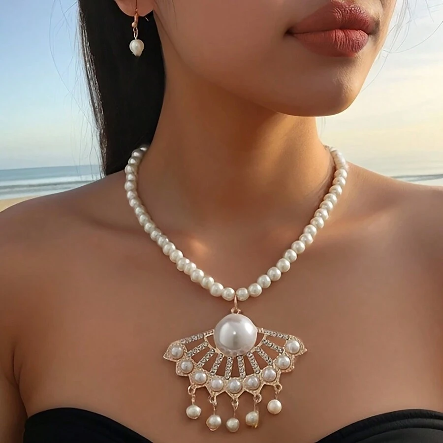 带流苏吊坠项链的时尚耳环套装，适合女性日常佩戴的时尚配饰 - 珍珠白 - 查看 1