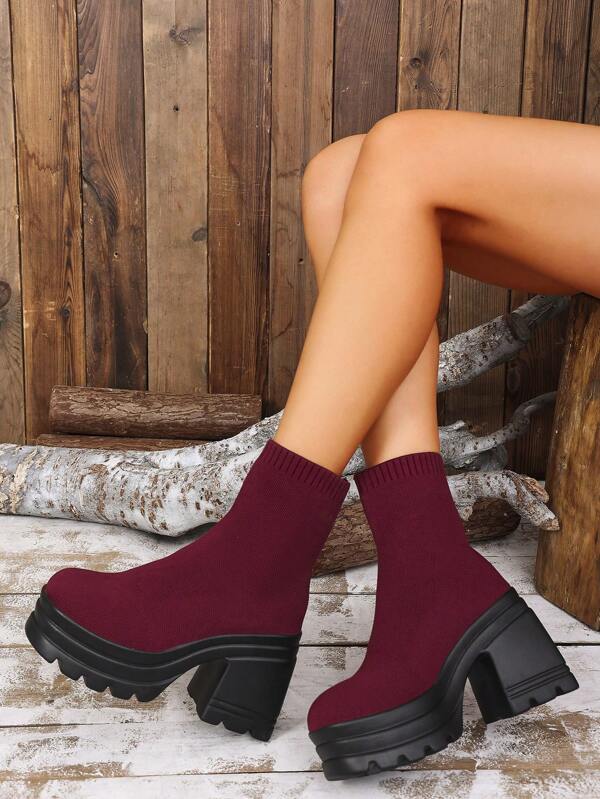 Women's Fashion Ankle Boots, Wine Red High Heel Elastic Boots, New Thick Bottom High-Top Slim Leg Boots For Autumn/Winter