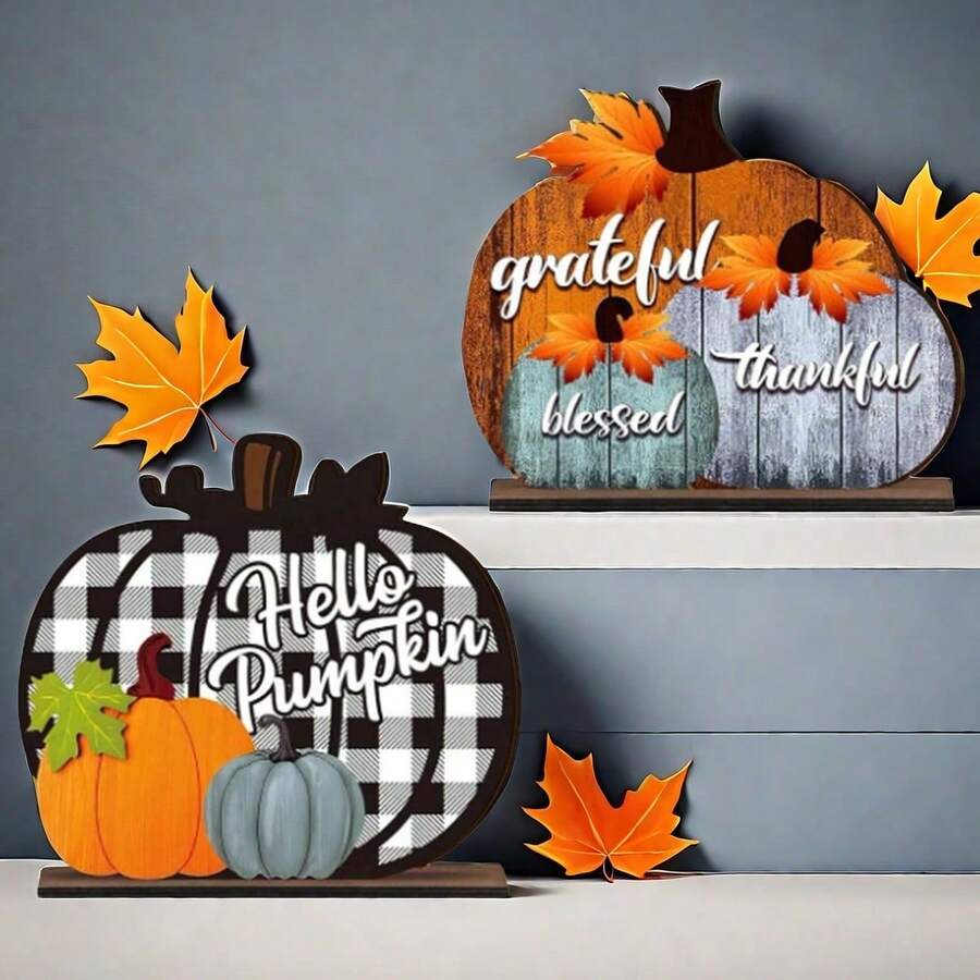1 套 Hello Pumpkin 木制标牌、秋季感恩节分层托盘装饰、适合秋季餐桌装饰、南瓜家庭收获木制分层托盘装饰、节日装饰、派对礼品、节日用品、完美的节日礼物 - 彩色 - 查看 1