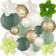 15/21 chiếc đèn lồng giấy tròn trang trí, màu vàng/ngà/xám xanh lá, thích hợp cho tiệc đồng quê, tiệc cô dâu, đám cưới, đèn lồng giấy treo trang trí tiệc sinh nhật màu xám xanh lá - Bộ xô thơm 15 món - Xem 5