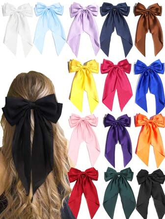10pcs Random Color Silky Satin Bow Hair Clips, Women Hair Accessories, Cute Hair Bands, Extra Large Long Tail Hair Clips, Metal Hair Clips, Claw Clips, School Supplies, Hair Decorations