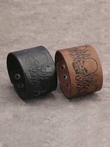 1 Stück Punk Rock Flammen Totenkopf Leder Breites Armband, Gothic Stil große und kleine Dämonenkopf Stern-förmige Accessoires, verstellbares Leder Armband für Herren & Damen, Karnevals Party Zubehör