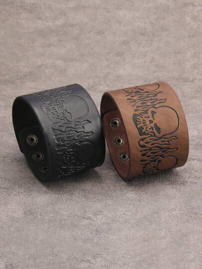 1pc Unisex Punk Rock Flame & Star Leather Wide Bracelet, Gothic Embossed Pentagram Cuff Adjustable Leather Wristband, Suitable For Carnival Party Performance