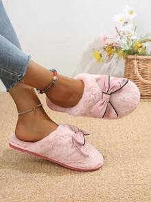 1 Đôi Dép Giữ Nhiệt Nửa Quấn Cho Nữ, Dép Lông Thú Chống Trượt Trong Nhà Mùa Thu Đông Mới Cho Cặp Đôi Có Trang Trí Nơ - Hồng - Xem 7