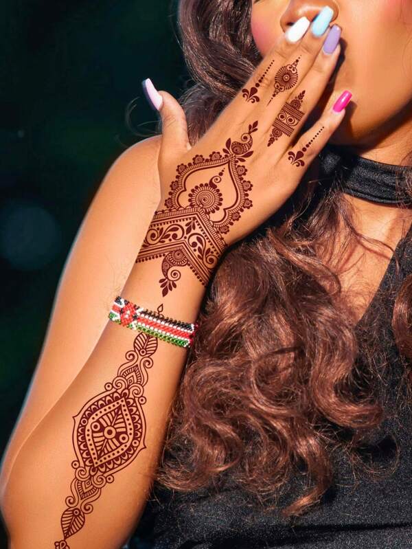 1pc Sexy Henna Style Lace Ribbon Temporary Tattoo Sticker, Water Transfer Body Arts For Hands, Arms, Feet, Red