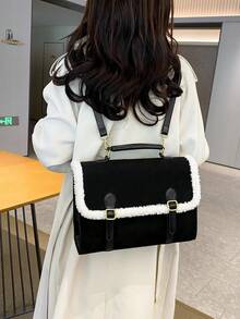 1 件学院风纯色 PU 翻盖拉链背包，简约时尚设计，防水材质，可调节肩带，适合女性日常使用和旅行 - 黑色 - 查看 2