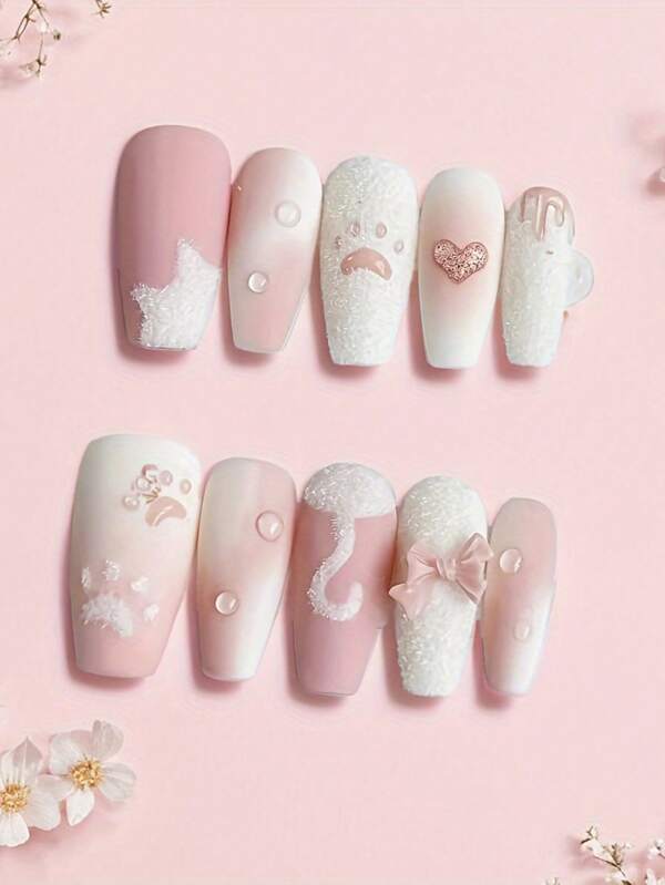 10pcs Handmade Soft Plush Cat Claw Sugar Nail Tips, Cute Adorable Sweet Butterfly Decor (Plush Style) Press On Nails