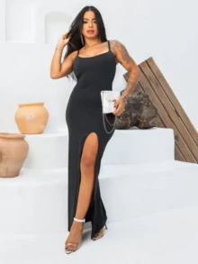 Women's Strapless Dress With Slit On The Leg - màu đen - Xem 1