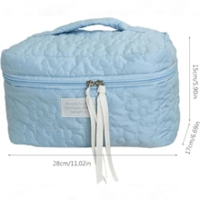 Cotton Makeup Bag, Travel Cosmetic Bag, Quilted Cosmetic Bag, Floral Aesthetic Cosmetic Bag, Cute Small Toiletry Bag, Travel Cosmetic Bag For Women And Girls, Zipper Bag, Makeup Organizer - 藍色 - 查看 6