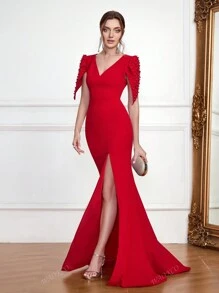 New Sexy V Neck Backless Formal Dress With Pearls, Fitted Elegant Evening Gown With Train, Spring/Summer Party Dress Wedding Guest Dress