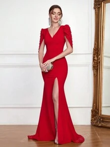 New Sexy V Neck Backless Formal Dress With Pearls, Fitted Elegant Evening Gown With Train, Spring/Summer Party Dress Wedding Guest Dress