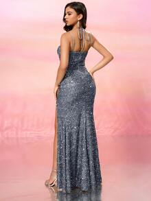 女士细肩带亮片性感前开叉美人鱼礼服、舞会晚礼服、适合婚礼嘉宾、毕业典礼、晚宴 - 灰色 - 查看 2