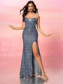 女士细肩带亮片性感前开叉美人鱼礼服、舞会晚礼服、适合婚礼嘉宾、毕业典礼、晚宴 - 灰色 - 查看 3