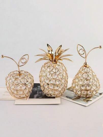 3pcs Gold Metal & Crystal Decorative Ornaments Creative Stylish Apple, Pineapple, Pear Fruit Crafts Candle Holders, Suitable For Home Daily Decor, Living Room, Dining Room, Festivals & Parties Best Gifts