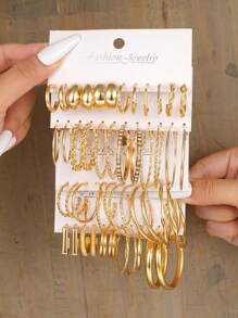 48pcs Set Minimalist Exaggerated Crystal C-Shaped Hoop Earrings, For Women Daily Matching & Holiday Gifts