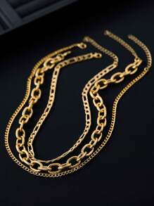 Nooxian 3pcs/Set Multi-Layer Punk Rock Hip-Hop Style Chunky Chain Layering Necklace Set, Fashion Jewelry Gift For Women (Random Number Of Chain Rings) - Yellow Gold - View 3