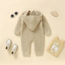 Autumn/Winter New Baby Infant Comfortable Soft Knitted Jumpsuit, Solid Color Hooded Design With Drawstring Detail, Casual Minimalist Jumpsuit, Warm And Fashionable For Daily Outings, Sweater Crawler Outfit Caring For Baby's Every Inch Of Skin - Khaki - View 6