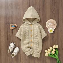 Autumn/Winter New Baby Infant Comfortable Soft Knitted Jumpsuit, Solid Color Hooded Design With Drawstring Detail, Casual Minimalist Jumpsuit, Warm And Fashionable For Daily Outings, Sweater Crawler Outfit Caring For Baby's Every Inch Of Skin - Khaki - View 4