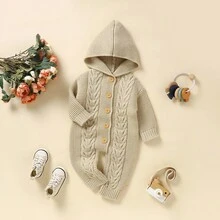 Autumn/Winter New Baby Infant Comfortable Soft Knitted Jumpsuit, Solid Color Hooded Design With Drawstring Detail, Casual Minimalist Jumpsuit, Warm And Fashionable For Daily Outings, Sweater Crawler Outfit Caring For Baby's Every Inch Of Skin - Khaki - View 5