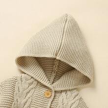 Autumn/Winter New Baby Infant Comfortable Soft Knitted Jumpsuit, Solid Color Hooded Design With Drawstring Detail, Casual Minimalist Jumpsuit, Warm And Fashionable For Daily Outings, Sweater Crawler Outfit Caring For Baby's Every Inch Of Skin - Khaki - View 8