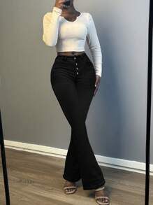 Women Slim-Fit Single-Breasted Flared Jeans Fashion Stretchy Pocket Solid-Color Denim Flared Pants Multi-Color Can Choose - màu đen - Xem 1