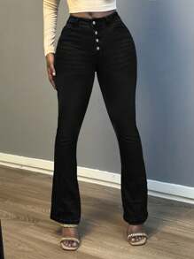 Women Slim-Fit Single-Breasted Flared Jeans Fashion Stretchy Pocket Solid-Color Denim Flared Pants Multi-Color Can Choose - màu đen - Xem 4