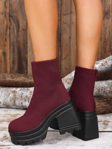 Botas para mujer de color vino tinto, de suela gruesa y con elevación interna, botas cortas de moda y abrigadas, de tacón grueso, de punto con tacón oculto y sexys botas hasta la rodilla para otoño/invierno - Burdeos - Ver 6