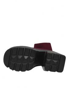 Botas para mujer de color vino tinto, de suela gruesa y con elevación interna, botas cortas de moda y abrigadas, de tacón grueso, de punto con tacón oculto y sexys botas hasta la rodilla para otoño/invierno - Burdeos - Ver 7
