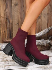 Botas para mujer de color vino tinto, de suela gruesa y con elevación interna, botas cortas de moda y abrigadas, de tacón grueso, de punto con tacón oculto y sexys botas hasta la rodilla para otoño/invierno - Burdeos - Ver 5