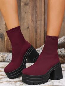 Botas para mujer de color vino tinto, de suela gruesa y con elevación interna, botas cortas de moda y abrigadas, de tacón grueso, de punto con tacón oculto y sexys botas hasta la rodilla para otoño/invierno - Burdeos - Ver 1
