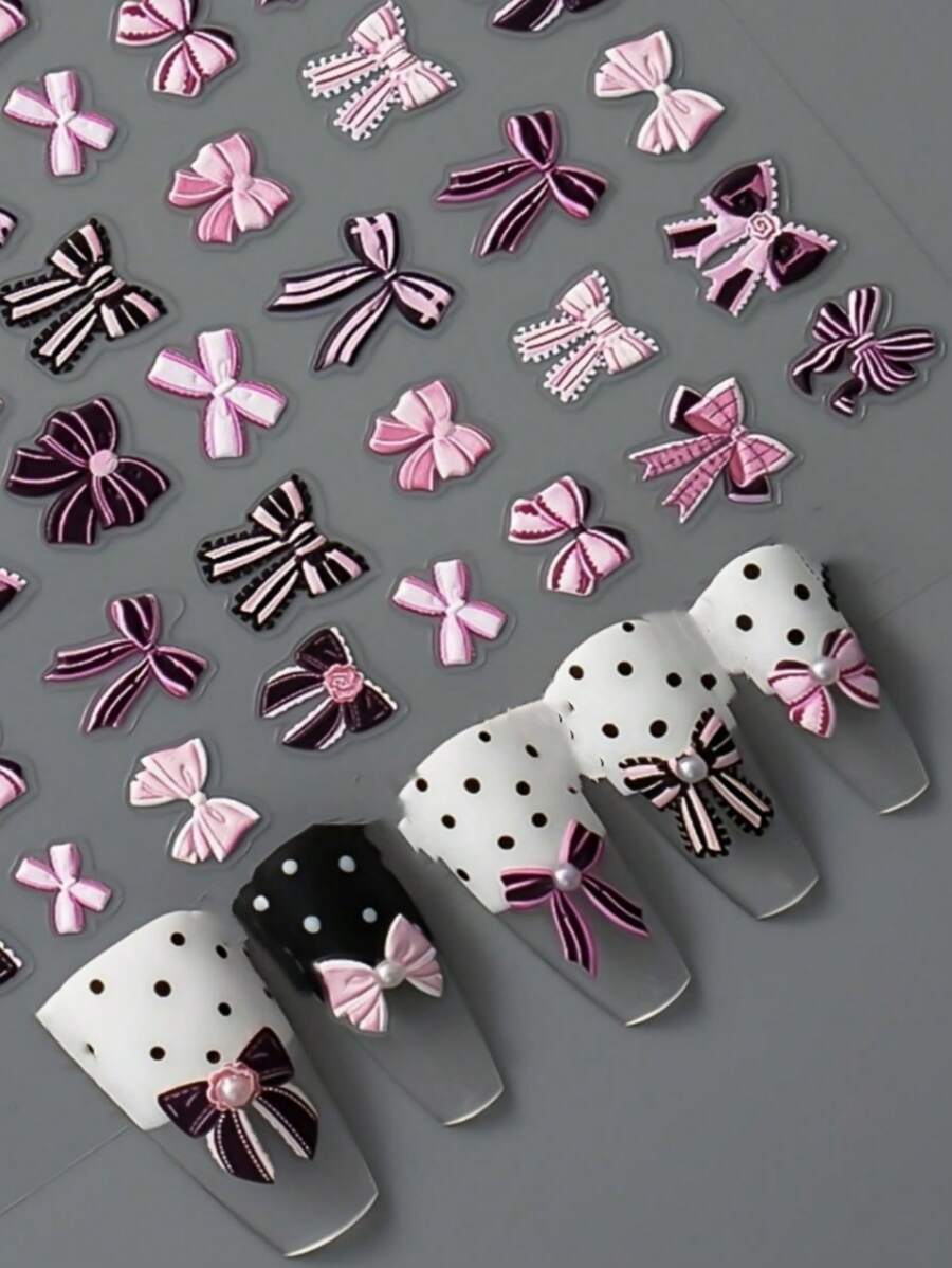 5D Cartoon rosa Mädchen Schleife geprägte Nagel Aufkleber mit 3D Kleber, Mode Nagel Dekore