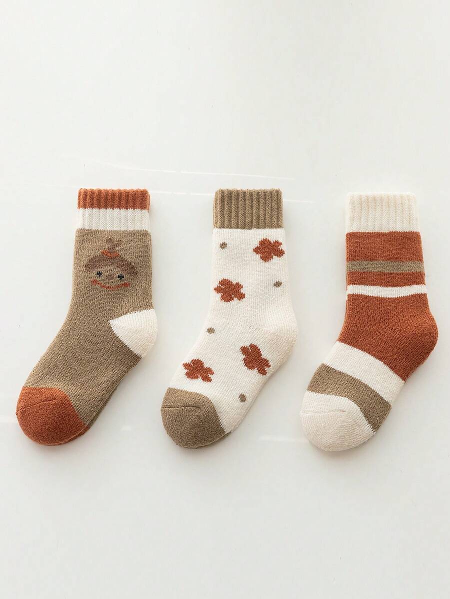 3 双儿童袜子，枫叶和笑脸设计，柔软舒适的儿童中筒袜 - 彩色 - 查看 1