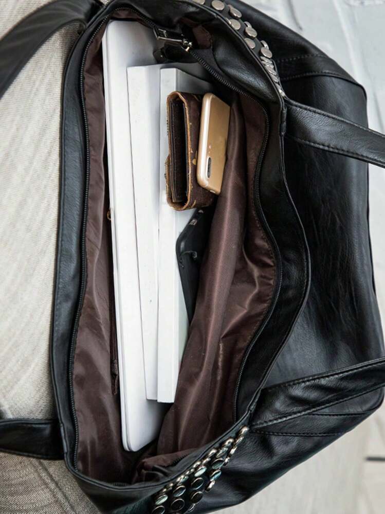 复古时尚女式摩托车包，大容量铆钉单肩包，便携背包，适合女孩、女大学生、办公室、大学、通勤、户外、旅行、上学、返校等场合，轻便手提包 - 黑色 - 查看 5