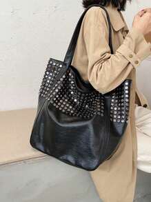 Vintage Fashion Women Motorcycle Bag, Shoulder Bag Large Capacity Rivet Tote Bag, Portable Backpack Suitable For Girls, Female College Students, Office, University, Commute, Outdoor, Travel, School, Back To School, Lightweight Handbag