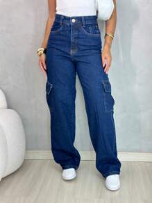 Women's Dark Wash Denim Cargo Pants - Rửa tối - Xem 1