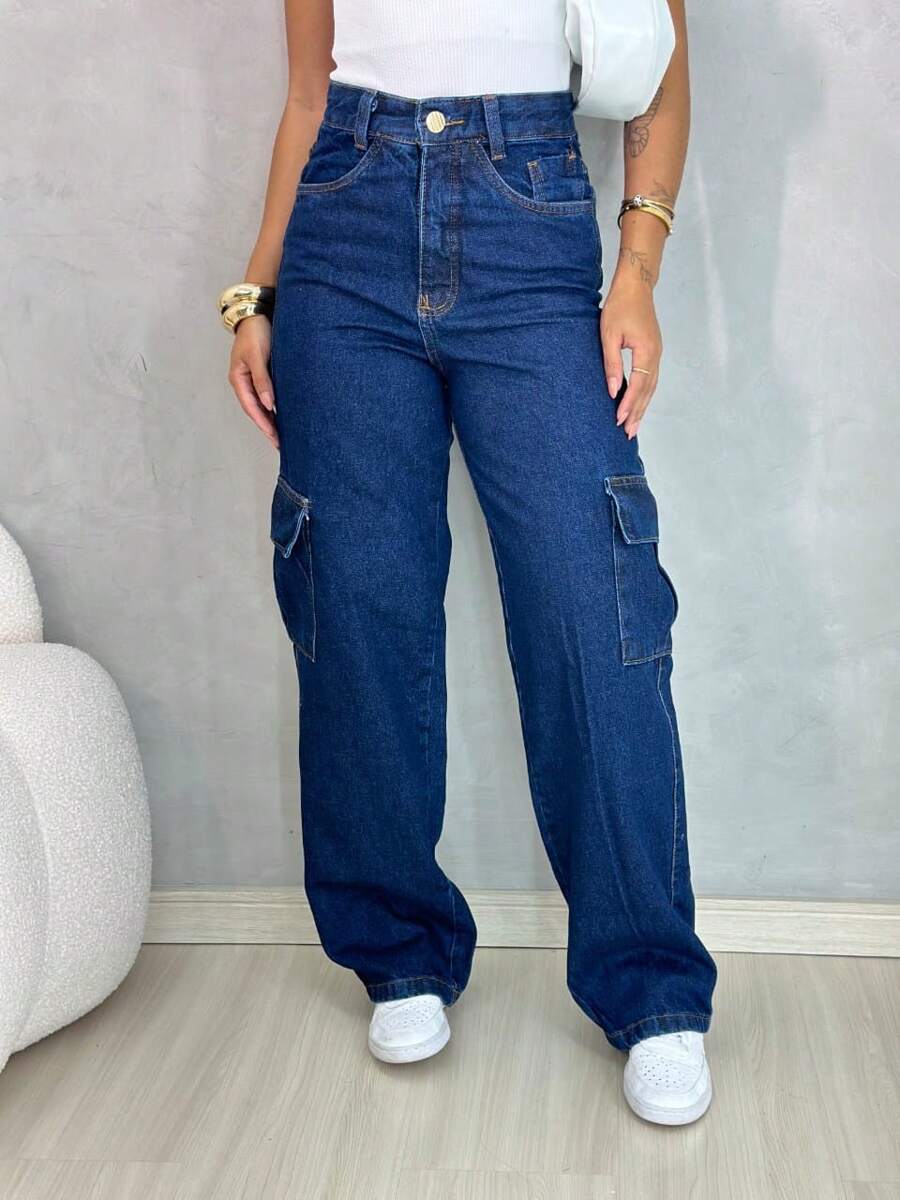 Women's Dark Wash Denim Cargo Pants - Rửa tối - Xem 1