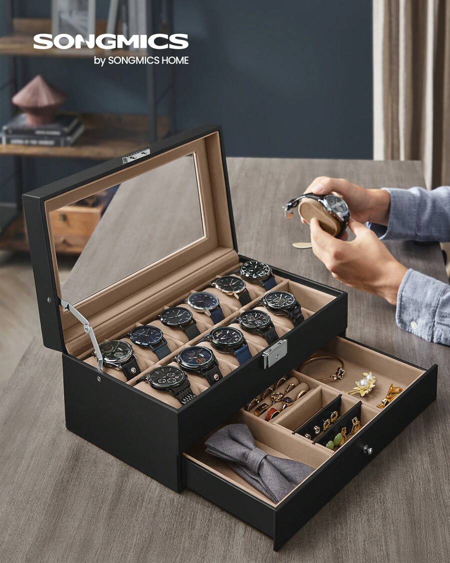 SONGMICS Watch Box, Watch Case With Glass Lid, 2-Tier Watch Display Case For 12 Watches, Lockable, 1 Drawer, For Rings, Bracelets, Gift Idea, Black Synthetic Leather, Greenish Beige Lining - 黑色 - 查看 1