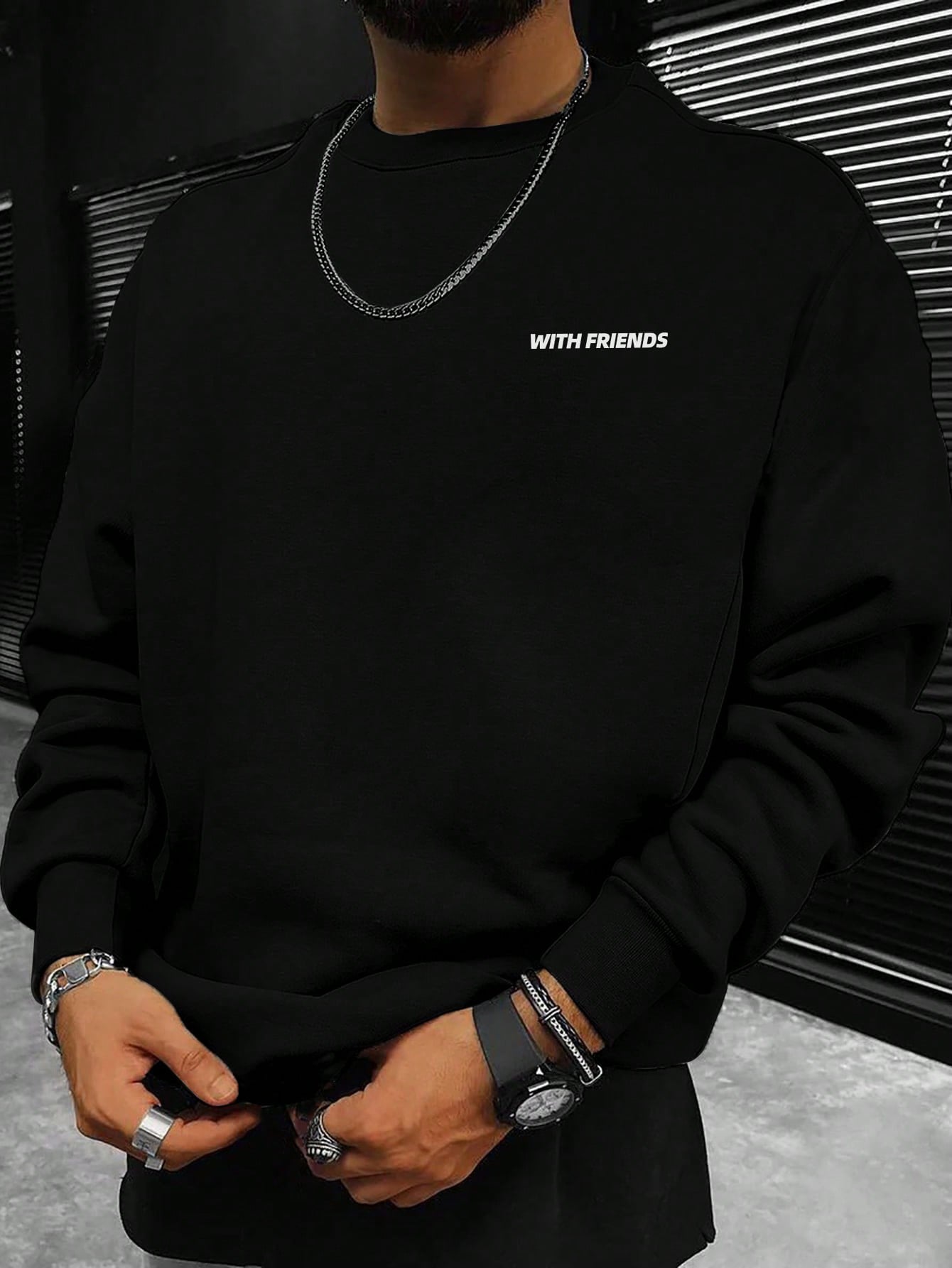 Men's Letter Print Casual Drop Shoulder Loose Fit Black Hoodie, For Spring And Autumn