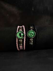 2pcs/Set Vintage Glow In The Dark Sun And Moon Couples Leather Bracelet, Multi-Layer Beaded Braided With Artificial Crystal Pendant, Unisex Punk PU Leather Friendship Wristband, Gift For Students And Friends