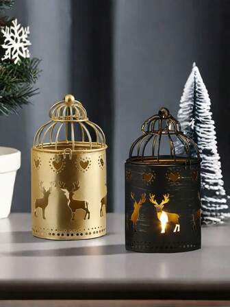 1件北欧复古圣诞夜装饰品，金属驯鹿和鸟笼设计，适合节日装饰、家居、派对、婚礼、生日，浪漫烛台，最佳圣诞礼物，家居圣诞装饰，圣诞礼物，圣诞装饰品